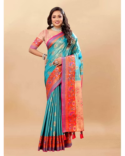 Soft Kanjivaram Silk Saree with Rich Zari Weaving and Tassel-Embellished Pallu-Rama-2