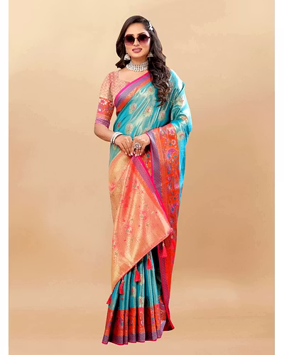 Soft Kanjivaram Silk Saree with Rich Zari Weaving and Tassel-Embellished Pallu-Rama-3
