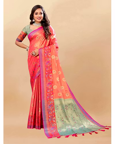 Soft Kanjivaram Silk Saree with Rich Zari Weaving and Tassel-Embellished Pallu-Orange-1