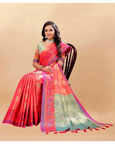 Soft Kanjivaram Silk Saree with Rich Zari Weaving and Tassel-Embellished Pallu-Orange-2
