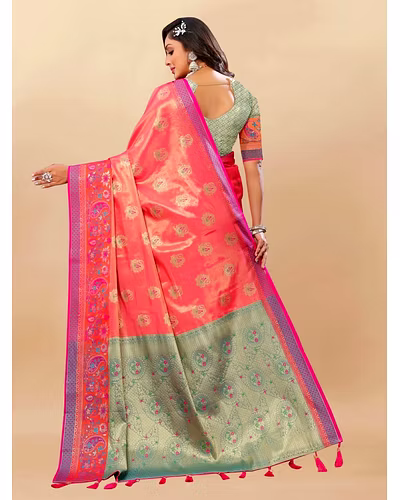 Soft Kanjivaram Silk Saree with Rich Zari Weaving and Tassel-Embellished Pallu-Orange-4