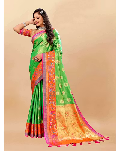 Soft Kanjivaram Silk Saree with Rich Zari Weaving and Tassel-Embellished Pallu-RMNX-299-Parrot