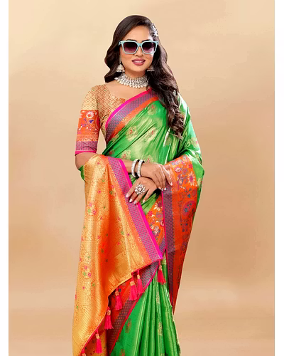 Soft Kanjivaram Silk Saree with Rich Zari Weaving and Tassel-Embellished Pallu-Parrot-1