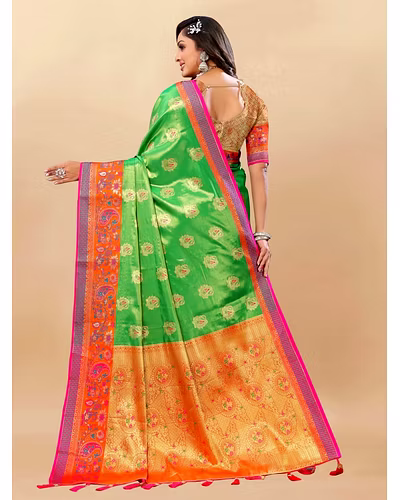 Soft Kanjivaram Silk Saree with Rich Zari Weaving and Tassel-Embellished Pallu-Parrot-4