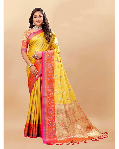 Soft Kanjivaram Silk Saree with Rich Zari Weaving and Tassel-Embellished Pallu-RMNX-299-Yellow
