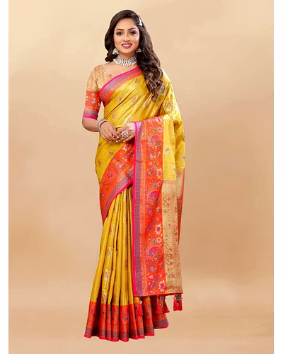 Soft Kanjivaram Silk Saree with Rich Zari Weaving and Tassel-Embellished Pallu-Yellow-1