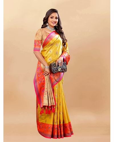 Soft Kanjivaram Silk Saree with Rich Zari Weaving and Tassel-Embellished Pallu-Yellow-2