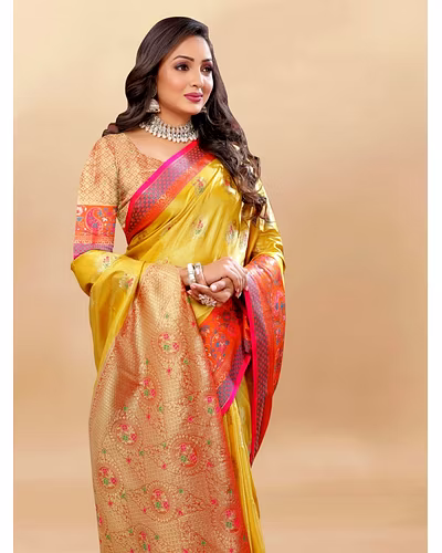 Soft Kanjivaram Silk Saree with Rich Zari Weaving and Tassel-Embellished Pallu-Yellow-3