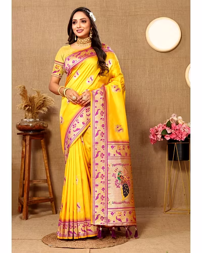 Soft Paithani Silk Saree with Meenakari Design, Zari Border &amp; Silk Blouse Piece-RMNX-301-Yellow