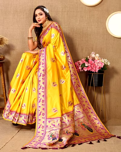 Soft Paithani Silk Saree with Meenakari Design, Zari Border &amp; Silk Blouse Piece-Yellow-1