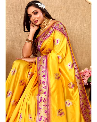 Soft Paithani Silk Saree with Meenakari Design, Zari Border &amp; Silk Blouse Piece-Yellow-2