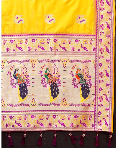Soft Paithani Silk Saree with Meenakari Design, Zari Border &amp; Silk Blouse Piece-Yellow-4