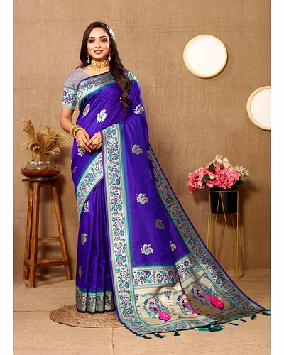 Soft Paithani Silk Saree with Meenakari Design, Zari Border &amp; Silk Blouse Piece-RMNX-301-Purple