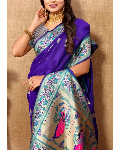 Soft Paithani Silk Saree with Meenakari Design, Zari Border &amp; Silk Blouse Piece-Purple-1