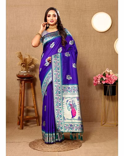 Soft Paithani Silk Saree with Meenakari Design, Zari Border &amp; Silk Blouse Piece-Purple-2