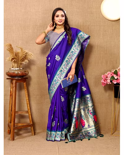 Soft Paithani Silk Saree with Meenakari Design, Zari Border &amp; Silk Blouse Piece-Purple-3