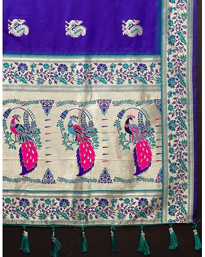 Soft Paithani Silk Saree with Meenakari Design, Zari Border &amp; Silk Blouse Piece-Purple-4