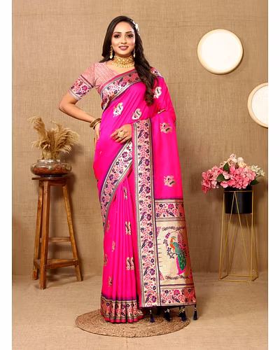 Soft Paithani Silk Saree with Meenakari Design, Zari Border &amp; Silk Blouse Piece-RMNX-301-Pink