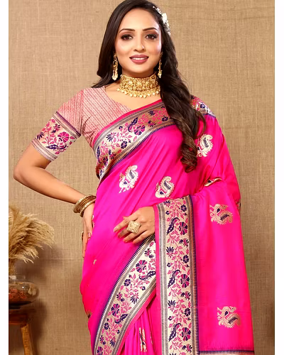Soft Paithani Silk Saree with Meenakari Design, Zari Border &amp; Silk Blouse Piece-Pink-1