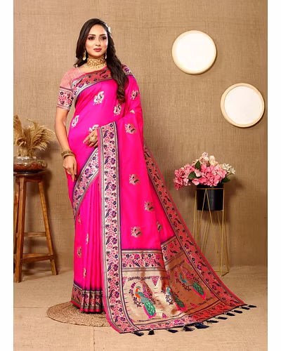 Soft Paithani Silk Saree with Meenakari Design, Zari Border &amp; Silk Blouse Piece-Pink-2
