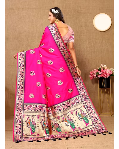 Soft Paithani Silk Saree with Meenakari Design, Zari Border &amp; Silk Blouse Piece-Pink-4