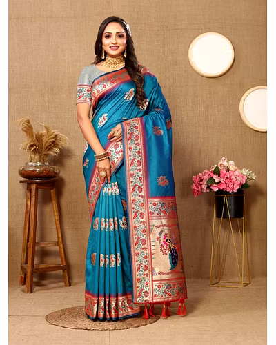 Soft Paithani Silk Saree with Meenakari Design, Zari Border &amp; Silk Blouse Piece-RMNX-301-Firozi