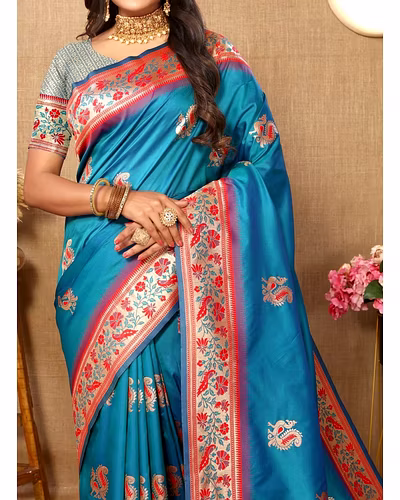 Soft Paithani Silk Saree with Meenakari Design, Zari Border &amp; Silk Blouse Piece-Firozi-1
