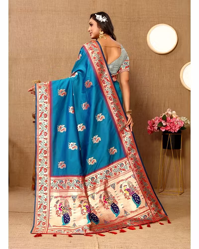 Soft Paithani Silk Saree with Meenakari Design, Zari Border &amp; Silk Blouse Piece-Firozi-2