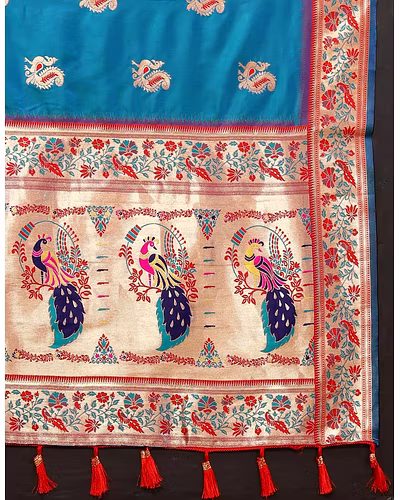 Soft Paithani Silk Saree with Meenakari Design, Zari Border &amp; Silk Blouse Piece-Firozi-3