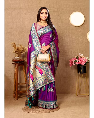 Soft Paithani Silk Saree with Meenakari Design, Zari Border &amp; Silk Blouse Piece-Wine-3