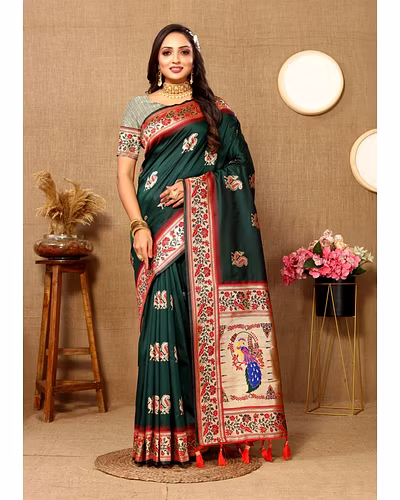Soft Paithani Silk Saree with Meenakari Design, Zari Border &amp; Silk Blouse Piece-Green-1