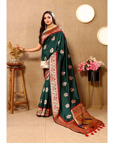 Soft Paithani Silk Saree with Meenakari Design, Zari Border &amp; Silk Blouse Piece-Green-2