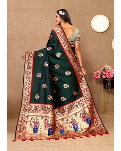 Soft Paithani Silk Saree with Meenakari Design, Zari Border &amp; Silk Blouse Piece-Green-3