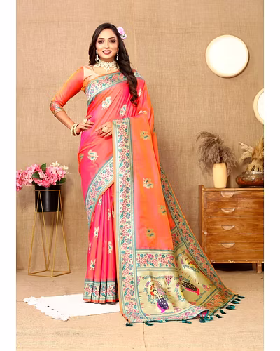 Soft Paithani Silk Saree with Meenakari Design, Zari Border &amp; Silk Blouse Piece-RMNX-301-Peach