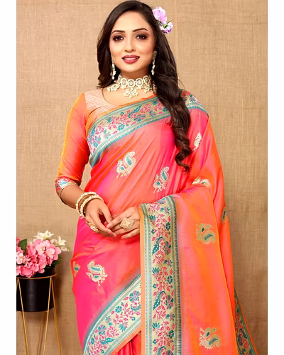 Soft Paithani Silk Saree with Meenakari Design, Zari Border &amp; Silk Blouse Piece-Peach-1
