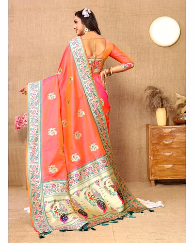Soft Paithani Silk Saree with Meenakari Design, Zari Border &amp; Silk Blouse Piece-Peach-2