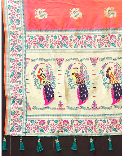 Soft Paithani Silk Saree with Meenakari Design, Zari Border &amp; Silk Blouse Piece-Peach-4