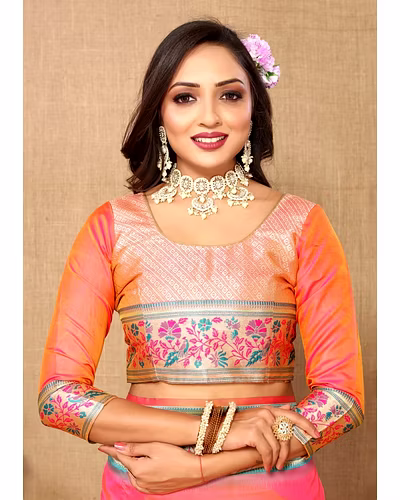 Soft Paithani Silk Saree with Meenakari Design, Zari Border &amp; Silk Blouse Piece-Peach-5