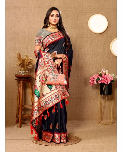 Soft Paithani Silk Saree with Meenakari Design, Zari Border &amp; Silk Blouse Piece-RMNX-301-Black