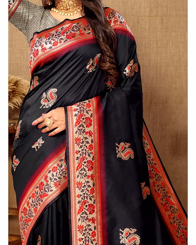 Soft Paithani Silk Saree with Meenakari Design, Zari Border &amp; Silk Blouse Piece-Black-2