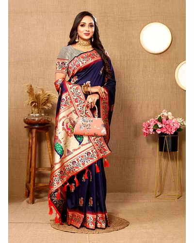 Soft Paithani Silk Saree with Meenakari Design, Zari Border &amp; Silk Blouse Piece-Black-3