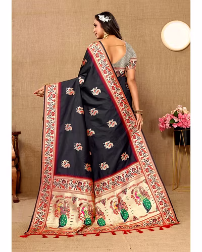 Soft Paithani Silk Saree with Meenakari Design, Zari Border &amp; Silk Blouse Piece-Black-4