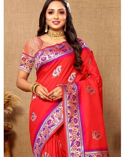 Soft Paithani Silk Saree with Meenakari Design, Zari Border &amp; Silk Blouse Piece-Red-1