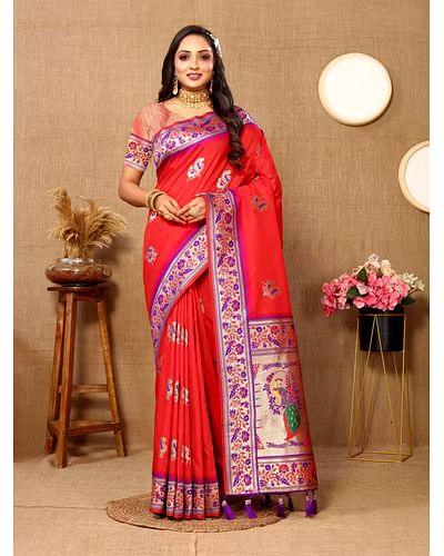 Soft Paithani Silk Saree with Meenakari Design, Zari Border &amp; Silk Blouse Piece-Red-2