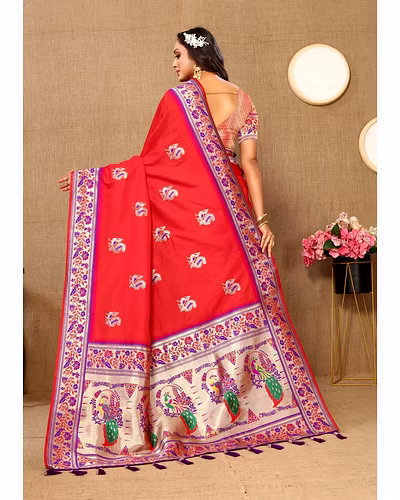 Soft Paithani Silk Saree with Meenakari Design, Zari Border &amp; Silk Blouse Piece-Red-3