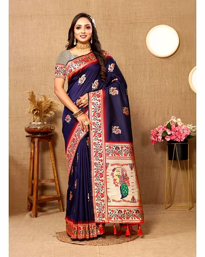 Soft Paithani Silk Saree with Meenakari Design, Zari Border &amp; Silk Blouse Piece-RMNX-301-NavyBlue