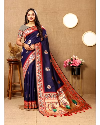 Soft Paithani Silk Saree with Meenakari Design, Zari Border &amp; Silk Blouse Piece-Navy Blue-1