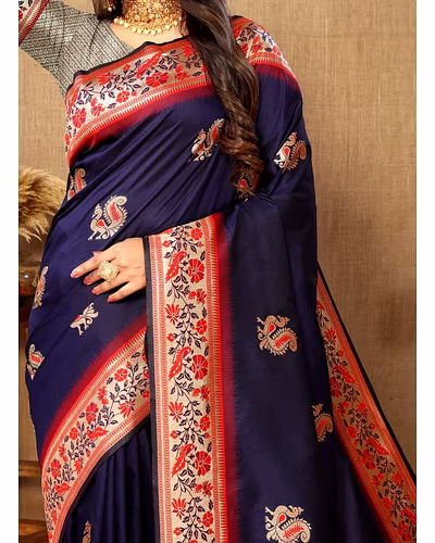 Soft Paithani Silk Saree with Meenakari Design, Zari Border &amp; Silk Blouse Piece-Navy Blue-2