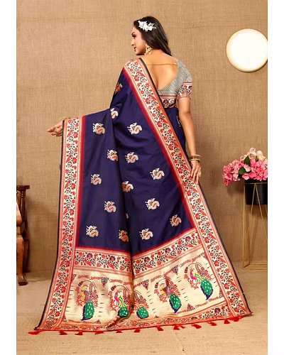 Soft Paithani Silk Saree with Meenakari Design, Zari Border &amp; Silk Blouse Piece-Navy Blue-3