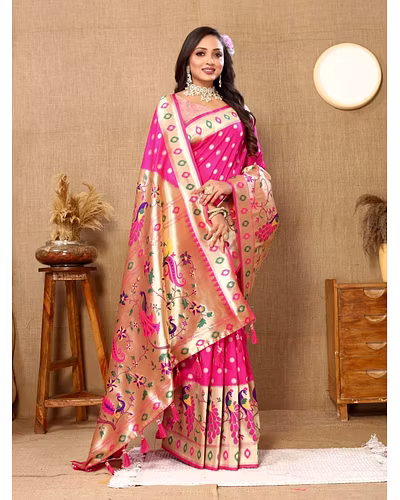 Soft Paithani Silk Saree with Meenakari Design, Zari Border &amp; Silk Blouse Piece-RMNX-302-Pink